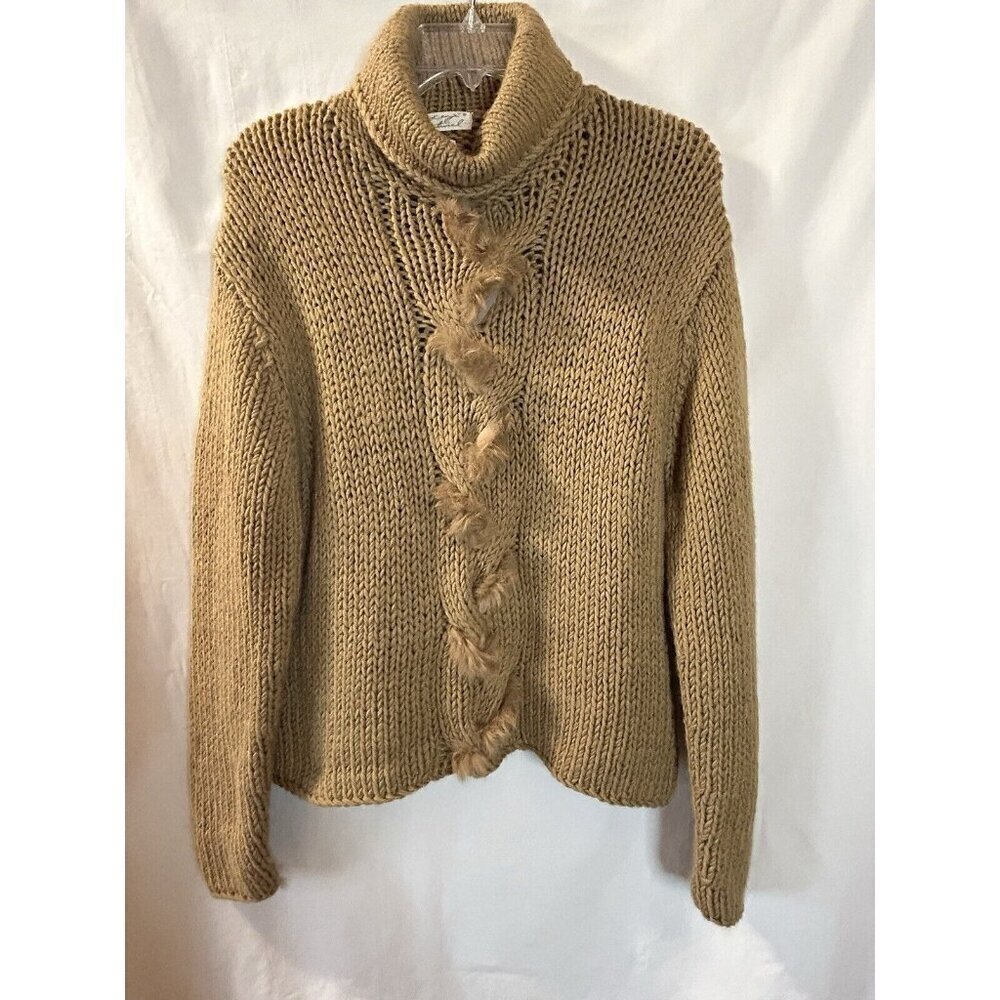 Kenji Natural Chunky Hand Knit Brown Rabbit Fur Trim Pullover Sweater Size XL